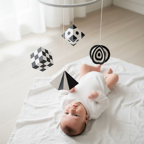 Младенец и чёрно-белый мобиль